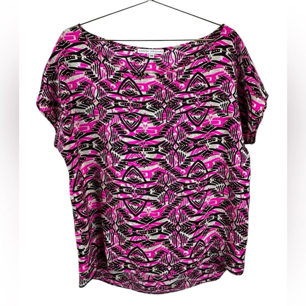 Amanda Uprichard Pink and Black Patterned Blouse Silk Top